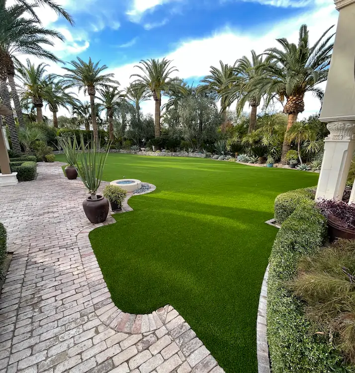 residential backyard artificial grass lawn