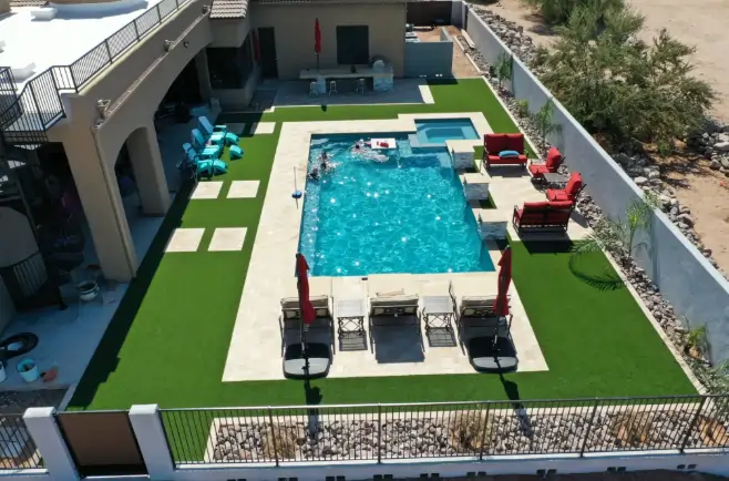 residential artificial grass lawn poolside